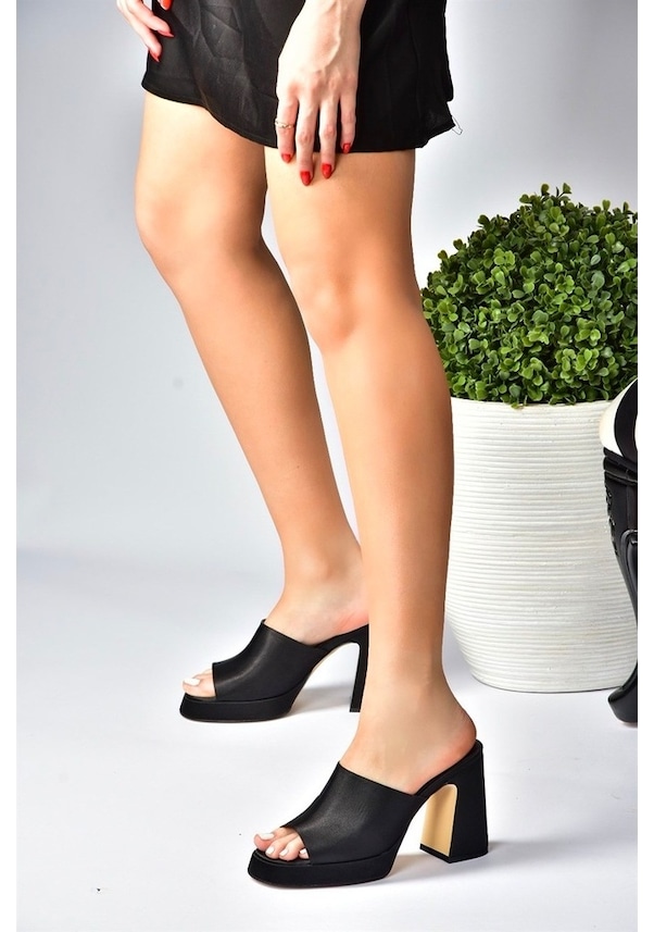 Resim Siyah Saten Kumaş Kalın Topuklu Kadın Terlik M570021204 