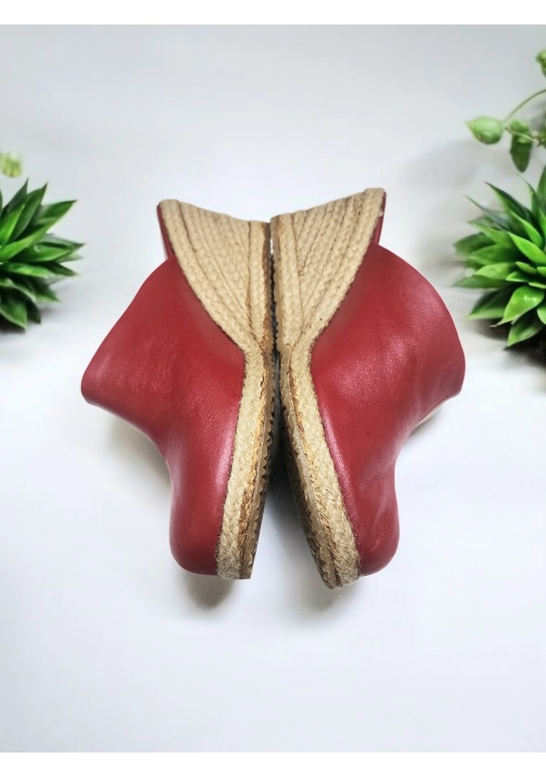 Resim Kadın Yumuşak Deri Rahat Taban Espadril Sabo Terlik Kırmızı 