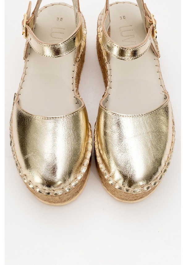 Resim Luvi Shoes Viba Altın Hakiki Deri Kadın Hasır Dolgu Taban Sandalet Altın 