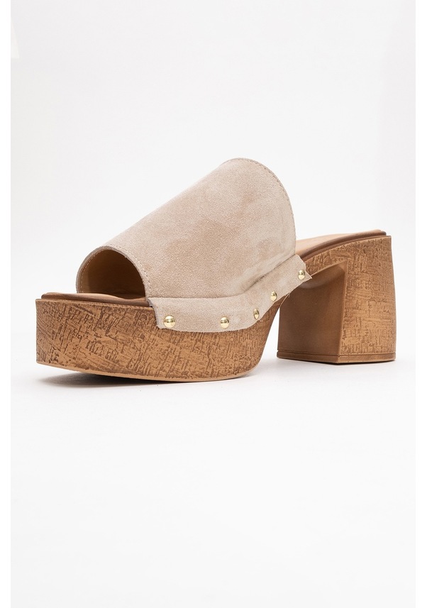 Resim Luvi Shoes Pull Bej Süet Hakiki Deri Kadın Platform Topuklu Terlik Bej 