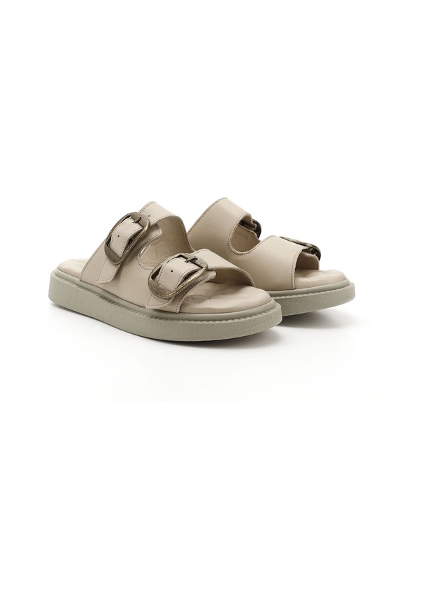 Resim Gönderi R Bej Tokalı Dolgu Taban Hakiki Deri Comfort Terlik Bej 