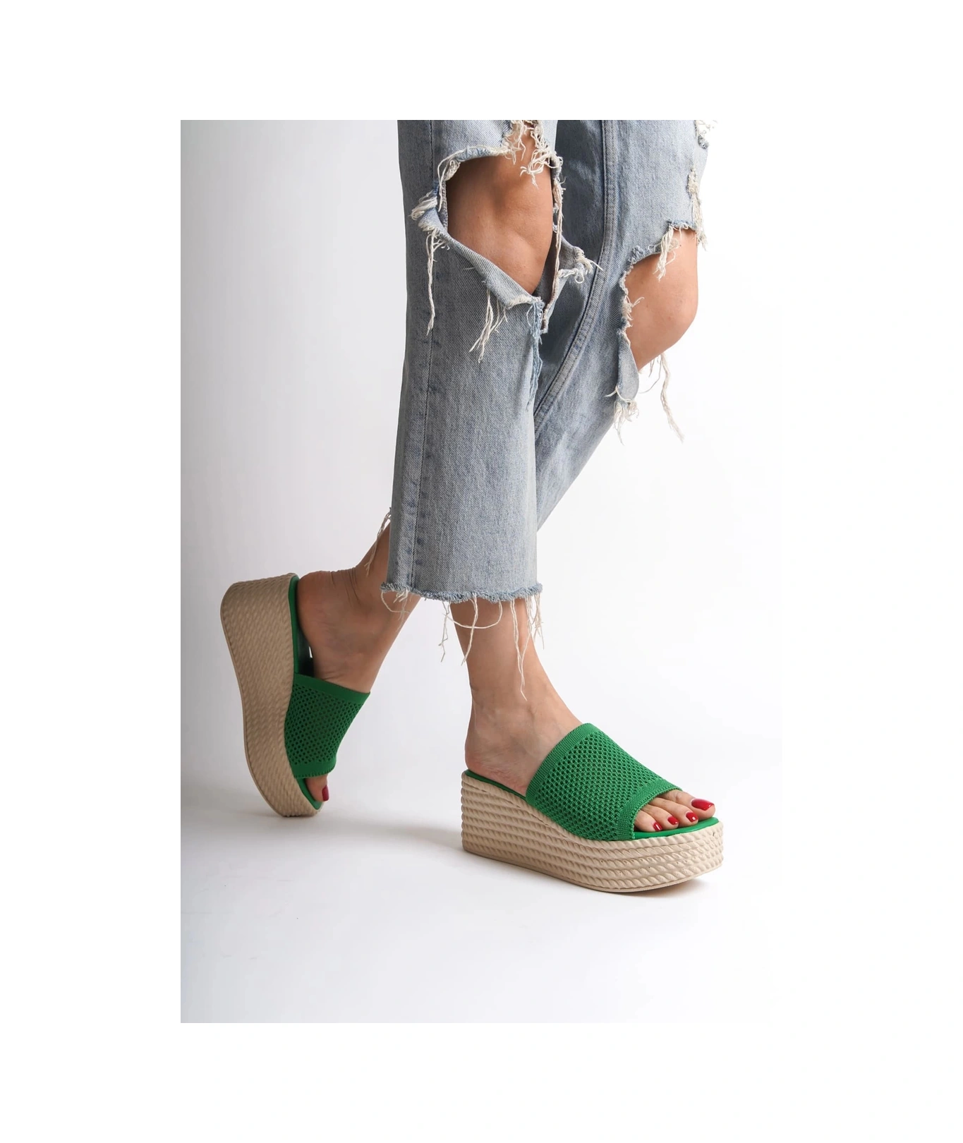 Resim Marla Dolgu Topuklu Ortopedik Taban Hasır Görünümlü Triko Kadın Terlik Tkt - Yeşil Yeşil 