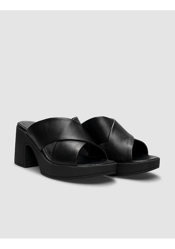 Resim %100 Hakiki Deri Siyah Kadın Topuklu Terlik-siyah Siyah 