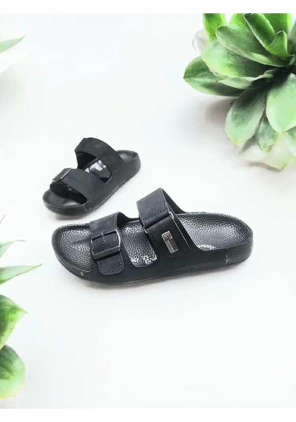 Resim Tokalı Ve Cırtlı Class Rahat Taban Ev Ve Dışarı Terliği Siyah 