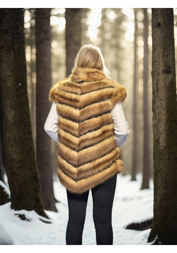 Resim Kadın Kolsuz Hakiki Kürk - Kahve Çok Renkli 