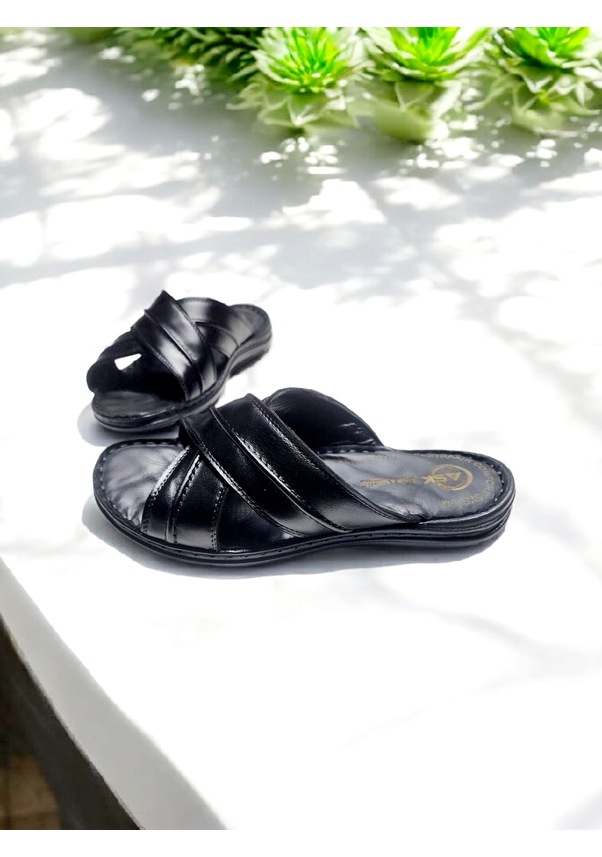 Resim Erkek Gerçek Deri Yumuşak Taban Anatomik Ev Ve Dışarı Terliği Siyah 