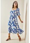Xhan Mavi Desenli Gipe Detaylı Etek Ucu Fırfırlı Örme Elbise 5yxk6-48509-12