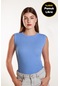 Kadın Bebe Mavisi Fitilli Likralı Sıfır Kol Bisiklet Yaka Örme Atlet Tshirt Bluz Bebe Mavi