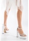 Kalın Taş Tek Bant Platform Topuk Beyaz Kadın Abiye Ayakkabı-2497-beyaz