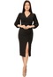 Kadın Siyah Ön Büzgülü Yırtmaçlı Midi Elbise-27013-siyah