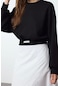 Oversize Dik Yaka Düşük Kol Crop Rahat Kalıp Yumuşak Tuşeli Crop Etiket Örme Sweatshirt Siyah