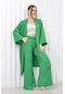 Kadın Keten Cepli Kuşaklı Uzun Kimono Yeşil-yeşil