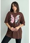 Kadın Çiçekli Kelebek Baskılı Bisiklet Yaka Oversize T-shirt Kahverengi