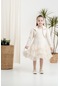 Kısa Ceketli Eteği Kat Tütülü Çantalı Kız Çocuk Elbise - Krem
