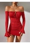 Kırmızı Dalgıç Kumaş İspanyol Kol Mini Elbise