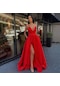 İkkb Kadın Büyük Beden Derin V Yırtmaçlı Abiye Elbise Kırmızı