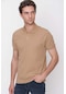 Bej Basic Düz Pamuk Slim Fit Dar Kesim Kısa Kollu Polo Yaka Erkek Tişört