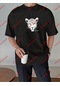 Trove Leopar Stay Wild Baskılı Oversize Unisex Yıkamalı Tshirt Siyah Siyah 18