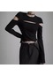 Kadın Avrupa Ve Amerikan Modası İçi Boş Ekleme Uzun Kollu Bel Zayıflama Tişört Siyah