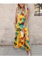 Kadın Yaz Popüler Çiçek Desenli Kolsuz Uzun Dantel Elbise Sarı