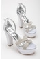 Saten Örgü Taşlı 40mm Gümüş Kadın Platform Topuklu Abiye Ayakkabı-2831-gümüş