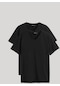 Comeor Erkek Siyah-Beyaz T- Shirt Regular Fit Rahat Kesim V Yaka Siyah
