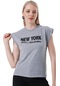 Kadın Gri New York Baskılı Tişört-26778-gri