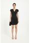 Siyah V Yaka Drapeli Kısa Kol Kadın Mini Elbise-siyah