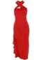 Mengtuo İlkbahar ve Yaz Kolsuz Fırfırlı Elbise Kırmızı