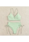 Kadın Ayrı Yaz Düz Renk V Yaka Bikini Yüksek Bel Tanga Takım Nane Yeşili
