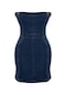 Yeni Fit Şık Abiye Gece Stretch Denim Straplez Kolsuz Kol Basic Mini Boy Elbise Mavi