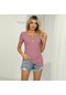 Pembe Yaz Kadın T-shirt V Yaka Kazak Düz Renk Casual Slim Kısa Kollu Tişört Tops