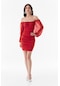 Fullamoda Büzgülü Tül Detaylı Mini Elbise- Kırmızı 24YGB5949205202-Kırmızı
