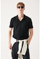 Avva Erkek Siyah Düğmesiz Polo Yaka Kolay Ütülenebilir Mikro Desenli Regular Fit T-Shirt