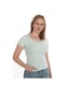 Monox Kadın Fitilli Likralı Pamuk Basic Tshirt Yeşil