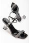 Kalın Tekbant Taşlı Ayna Malzeme Siyah Kadın Şeffaf Topuklu Abiye Ayakkabı-2724-siyah