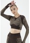 Maraton Active Slimfit Kadın Bisiklet Yaka Uzun Kol Fitness Kahverengi Crop Top 816013 Kahverengi