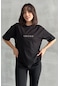 Kadın Vintage Baskılı Bisiklet Yaka Oversize T-shirt Siyah
