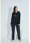 Elitol Kadın Düğmeli Desenli Pijama Takımı Yazılı 960- Siyah