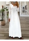 Bayan İlkbahar Yaz Modası Yeni Dantel Uzun Kollu V Yaka Uzun Elbise Beyaz