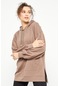 Toprak Balon Kol Yazı Nakışlı Kadın Oversize Tunik Sweatshirt - 97163 Toprak