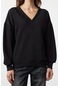 Kadın Moda Şık Bol V Yaka Düşük Kol Uzun Geniş Kalıp Kalın V Yaka Örme Sweatshirt Siyah