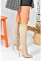 Fox Shoes Bej Süet İnce Topuklu Sivri Burun Kadın Çizme N372530102