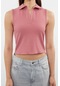 Moda Polo Yaka Örme Slim Düz Desen Casual Günlük Crop Kolsuz Bluz Pembe