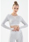 Maraton Active Slimfit Kadın Bisiklet Yaka Uzun Kol Fitness Ekru Crop Top 816013 Ekru