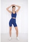 Kadın Spor Saks Mavisi Toparlayıcı, Yüksek Bel Fitnes Bra Şort-tayt Takım-4315 - Xs