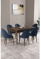 Milas Barok Desen 80x132 Mdf Açılabilir Mutfak Masası Takımı 6 Adet Sandalye Lacivert