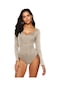 Kayısı&gri Kadın Uzun Kollu Derin U Yaka Sırtı Açık Düğmeli Tulum Katı İnce Derin V Rahat Alt Bodysuits
