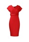 İkkb Yeni V Yaka Yüksek Bel Kısa Kollu Elbise Kırmızı