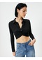 Koton Crop Gömlek Slim Fit Bağlama Detaylı Klasik Yaka Siyah 4sak60019ek 4SAK60019EK999